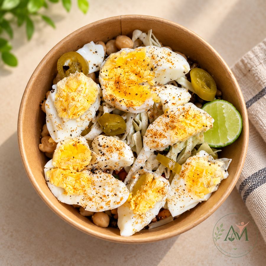 Egg salad bowl with chickpeas, cabbage, jalapeños and lime